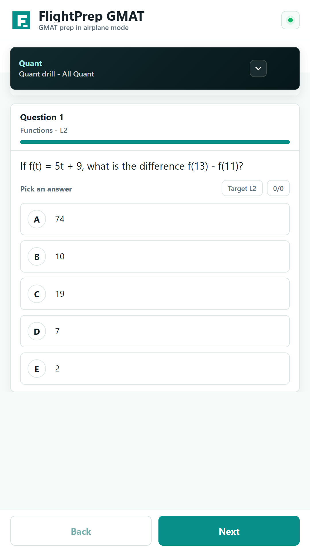 FlightPrep GMAT question screen showing a Quant drill with answer choices.