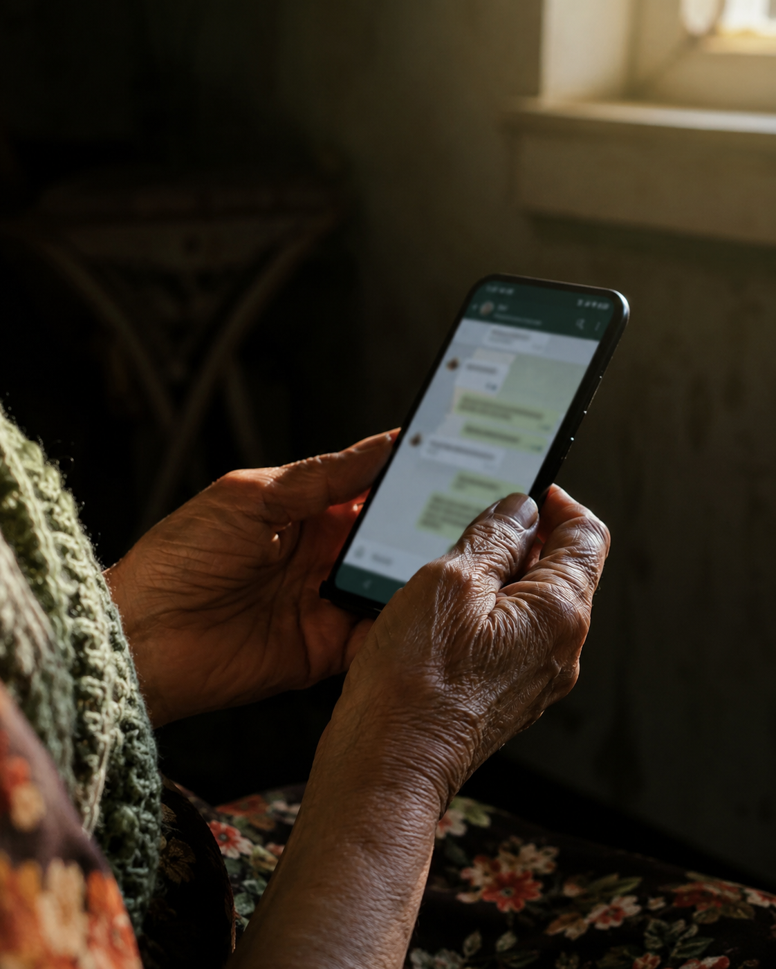Manos mayores sosteniendo un teléfono con una conversación de WhatsApp abierta. Luz cálida lateral; mantón tejido y tela de flores en el borde del encuadre.