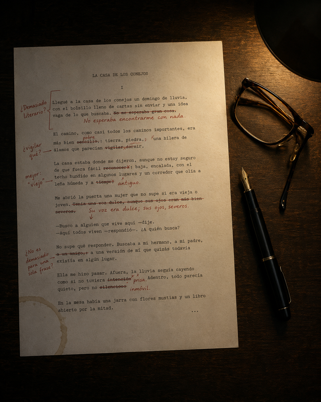 Manuscrito editorial sobre un escritorio de madera oscura: prosa en español con tachados y anotaciones manuscritas en rojo, pluma estilográfica y unas gafas a un lado.
