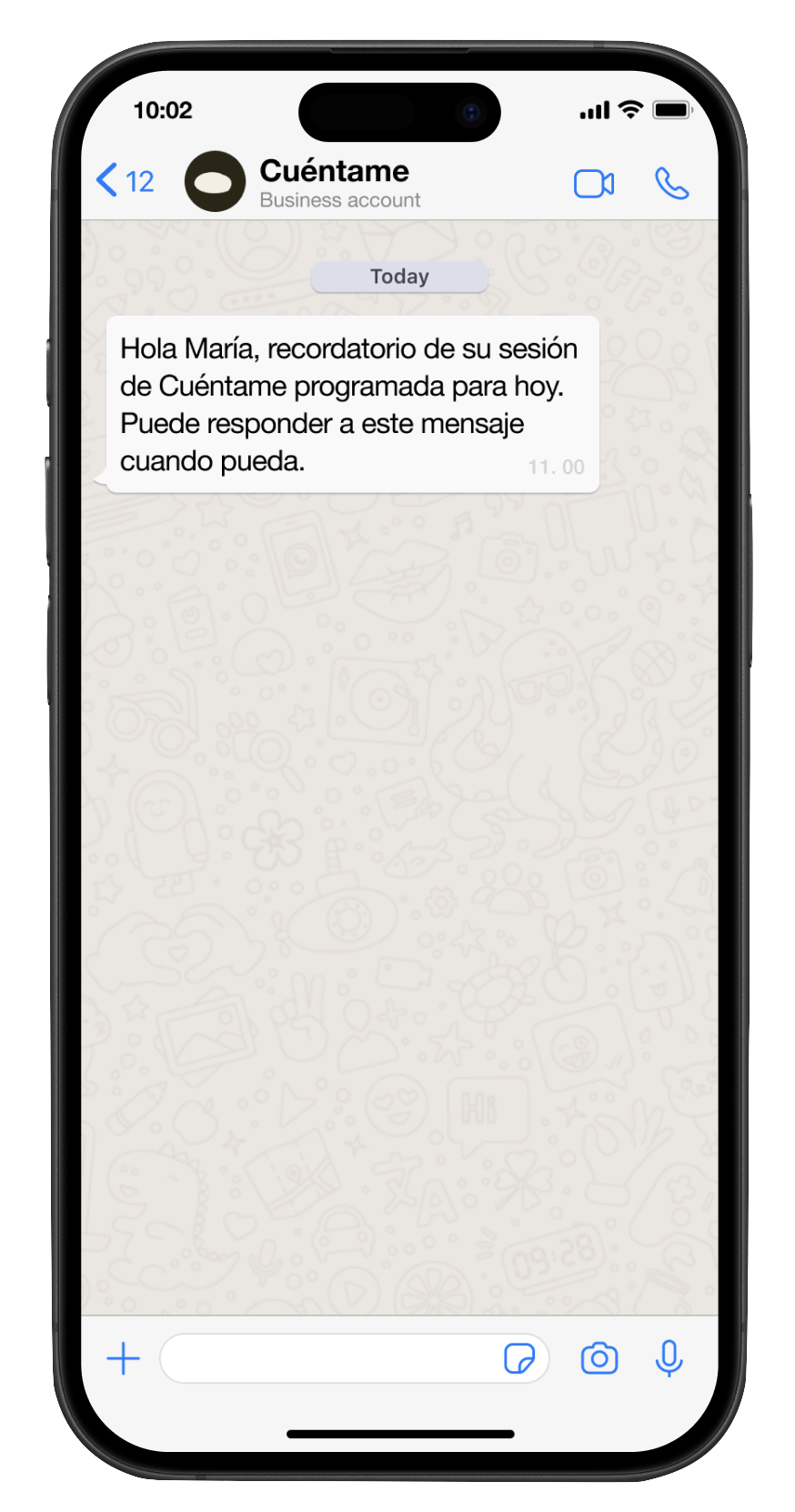 Pantalla de WhatsApp con un recordatorio de sesión de Cuéntame: «Hola María, recordatorio de su sesión de Cuéntame programada para hoy. Puede responder a este mensaje cuando pueda.»